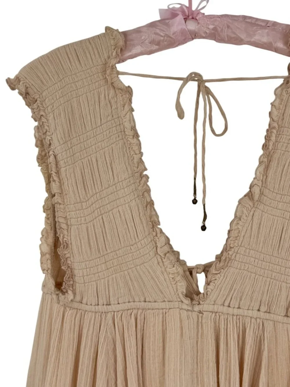 Free People Beige Layered Ruffle Ruched V-Neck Mini Dress S | Coastal Boho Indie - Picture 8 of 13